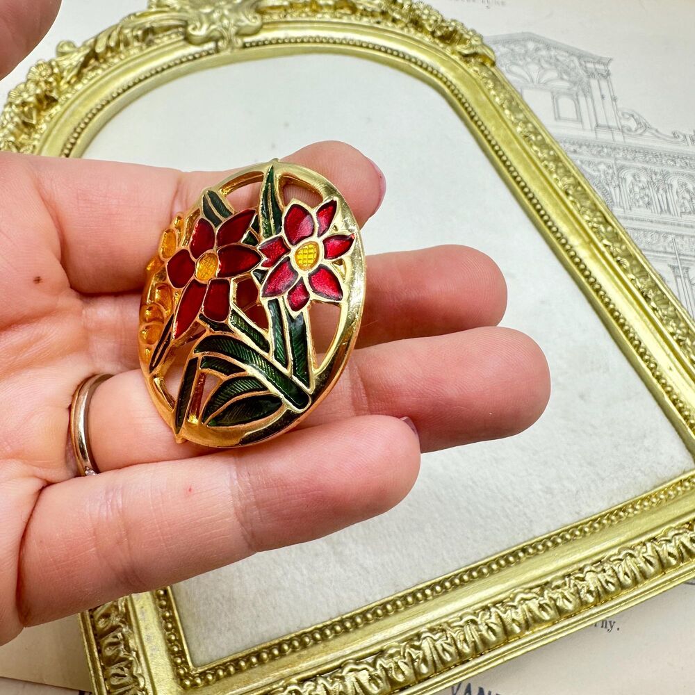 Vintage Jewelry Red Flower Cloisonne Enamel Gold Tone Floral Brooch Daisy Pin - Picture 3 of 4